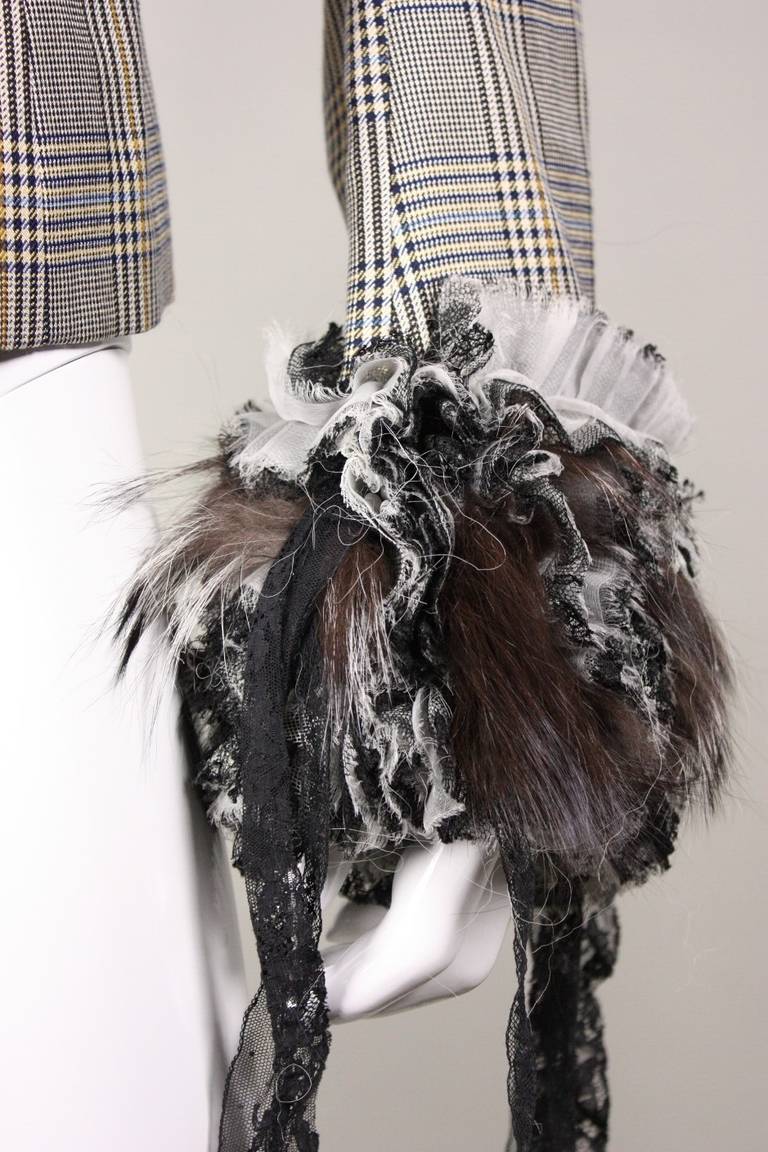 John Galliano Houndstooth Jacket with Fur & Ruffled Trim 2