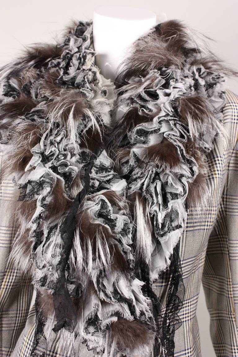 John Galliano Houndstooth Jacket with Fur & Ruffled Trim 1