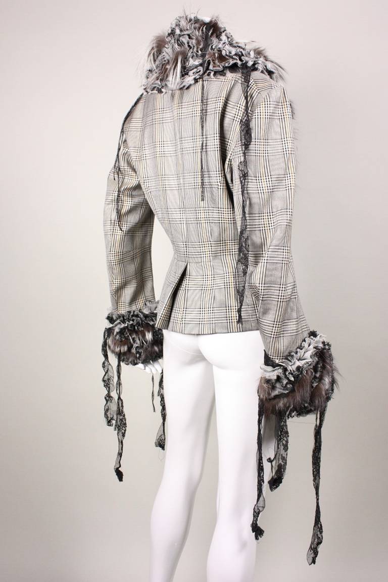 John Galliano Houndstooth Jacket with Fur & Ruffled Trim In Excellent Condition In Los Angeles, CA