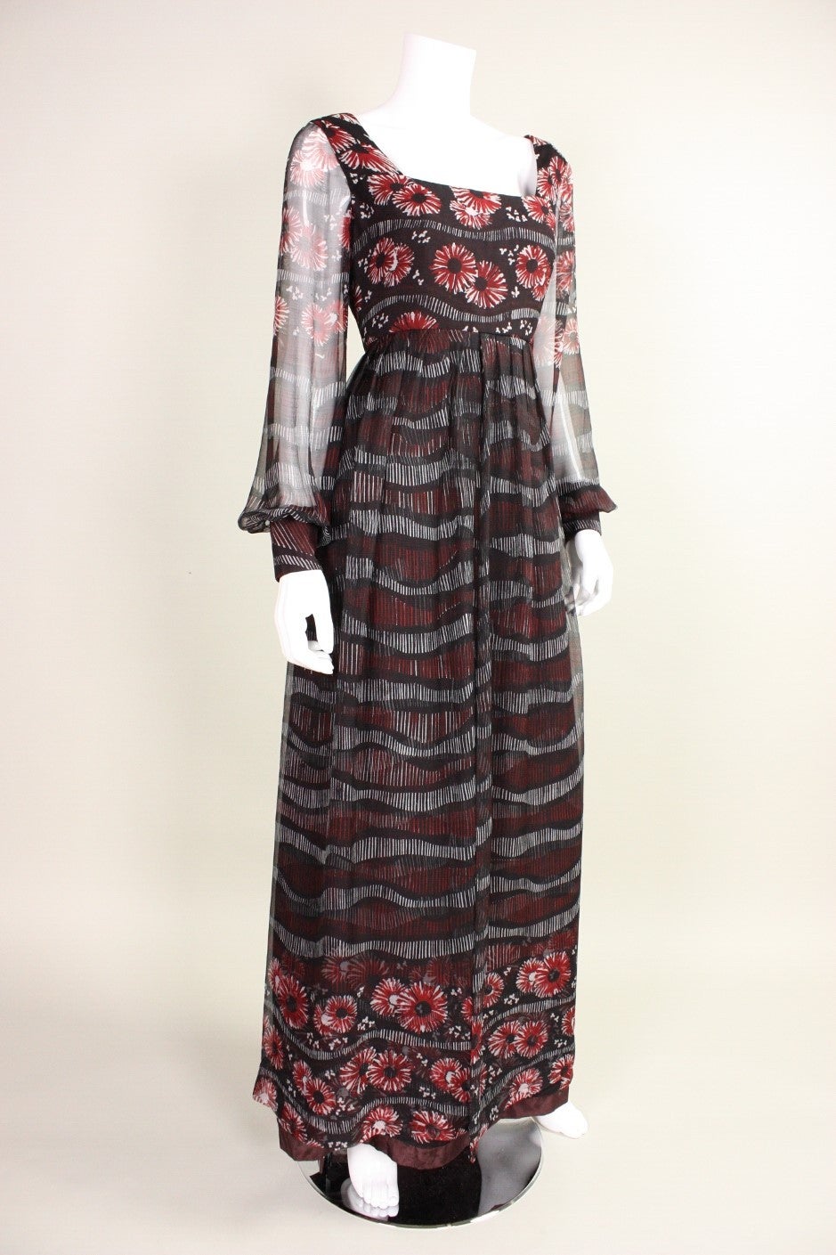 1970's Vera Hicks Silk Chiffon Printed Maxi In Excellent Condition In Los Angeles, CA