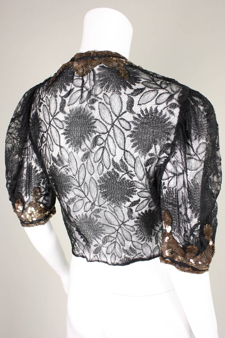 1930's Black Lace Sequined Bolero In Excellent Condition In Los Angeles, CA