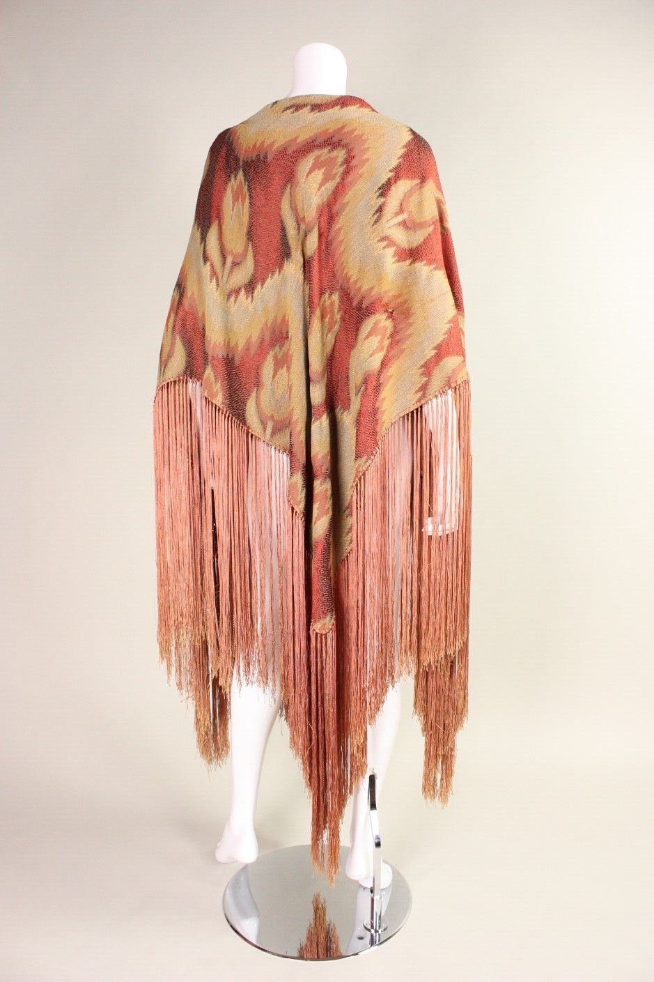 Orange 1980's Floral Jacquard Cape with Long Fringe