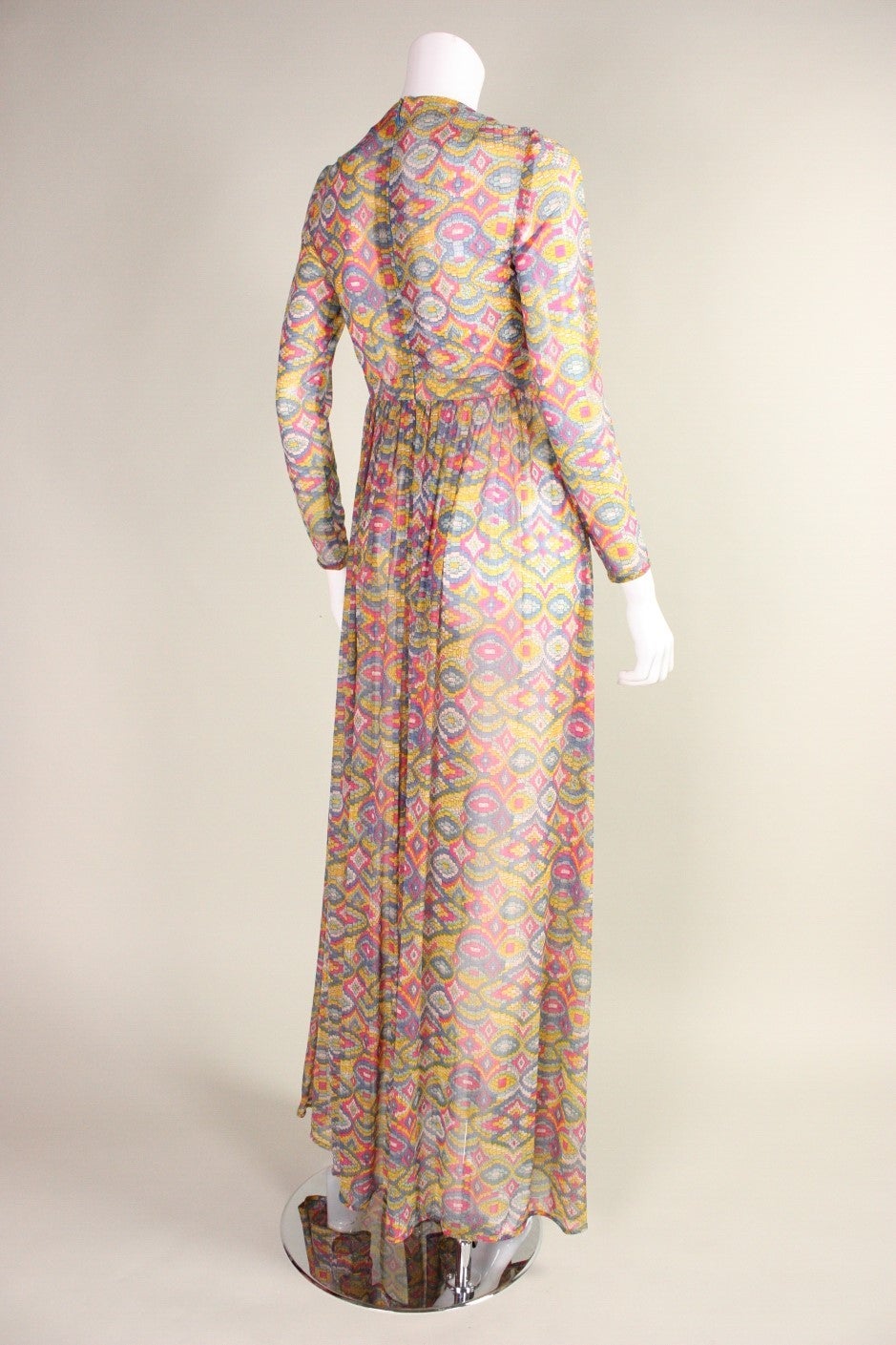 Beige 1970's Robert David-Morton Maxi Dress with Geometric Print