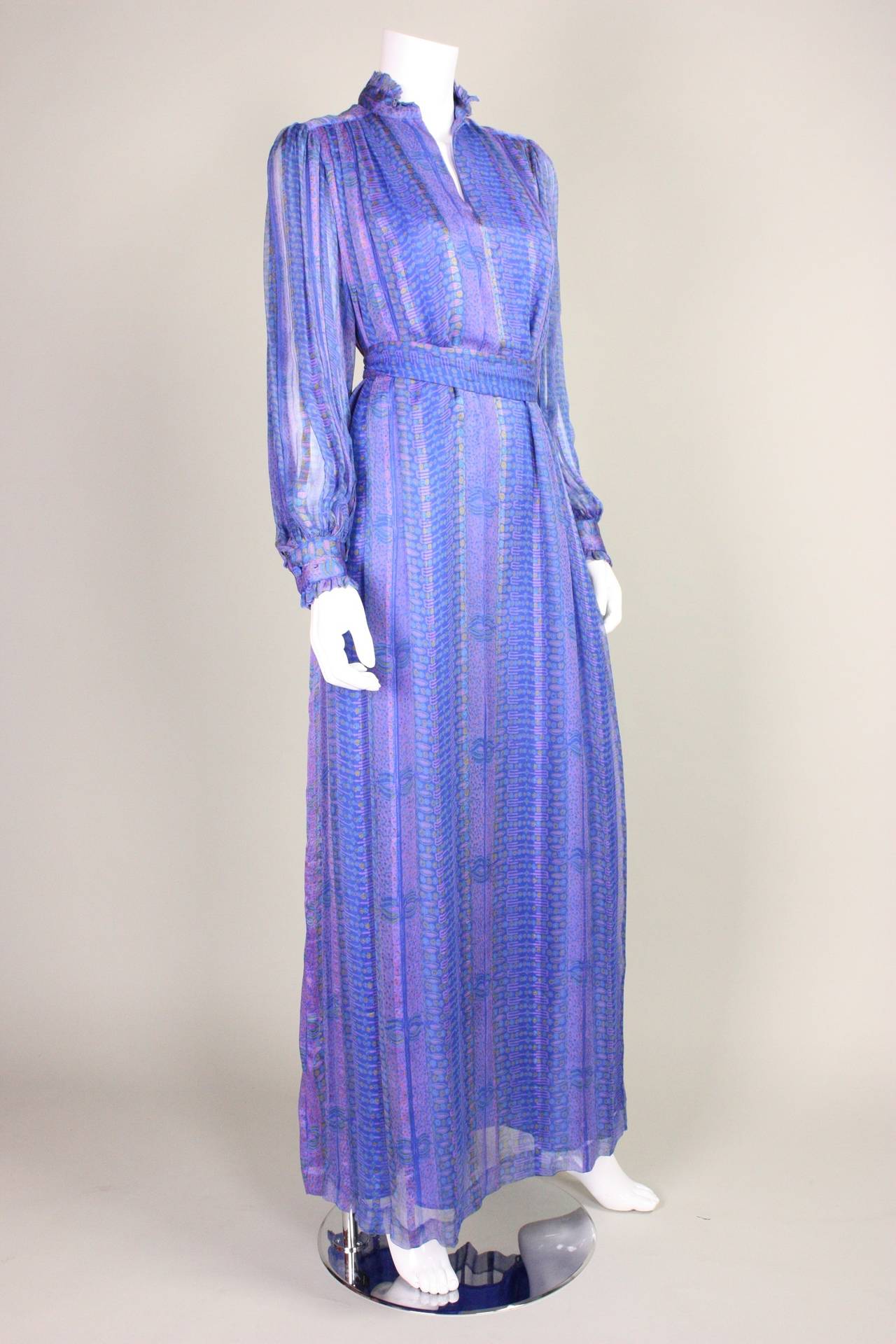 1970's Raksha Printed Silk Chiffon Gown In Excellent Condition For Sale In Los Angeles, CA