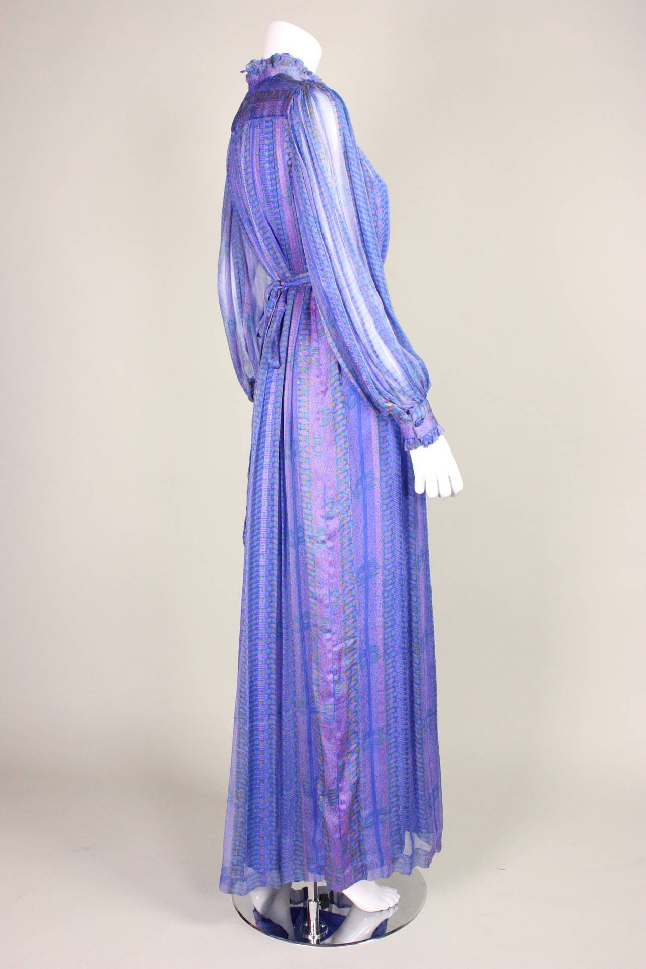 Women's 1970's Raksha Printed Silk Chiffon Gown For Sale