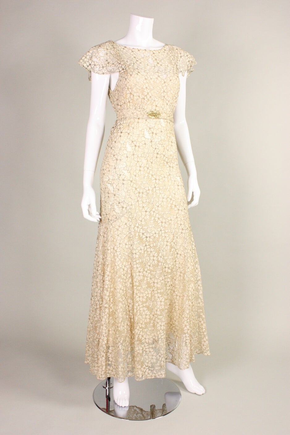 Beige Lamé Lace Ivory Bias-Cut Gown, 1930s  For Sale