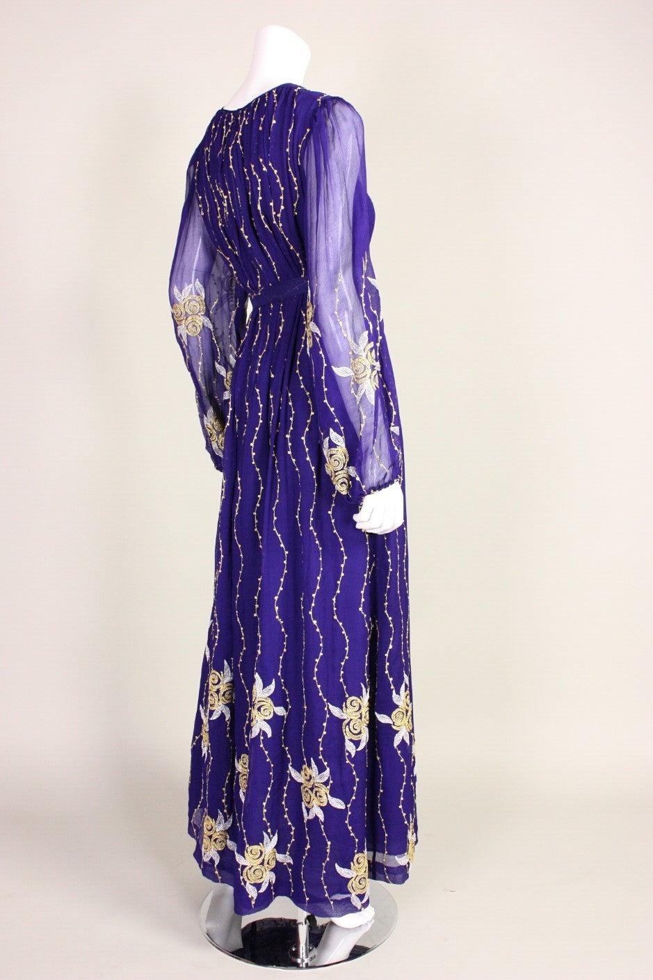 1970's Raksha Silk Chiffon Embroidered Maxi In Excellent Condition In Los Angeles, CA