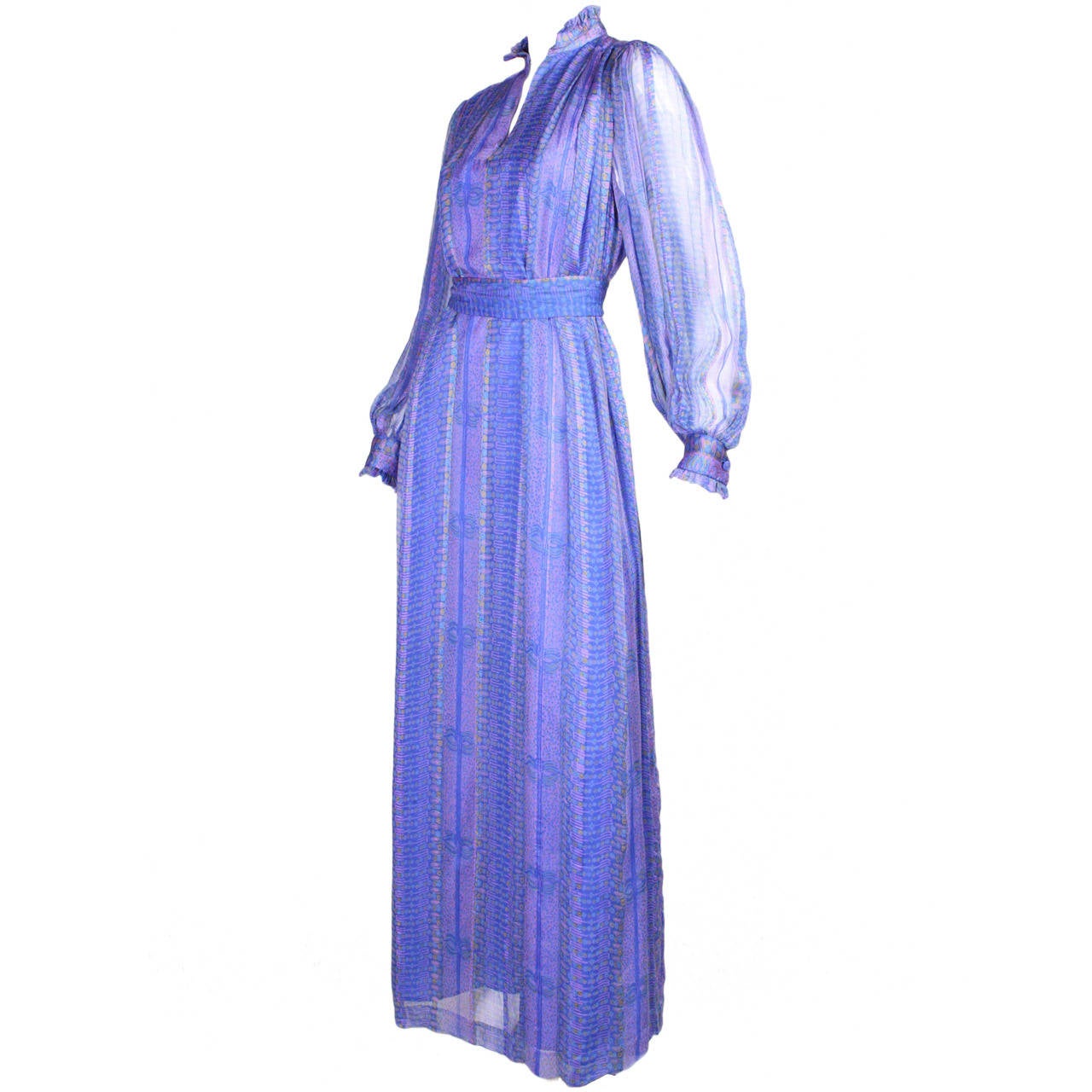 1970's Raksha Printed Silk Chiffon Gown For Sale