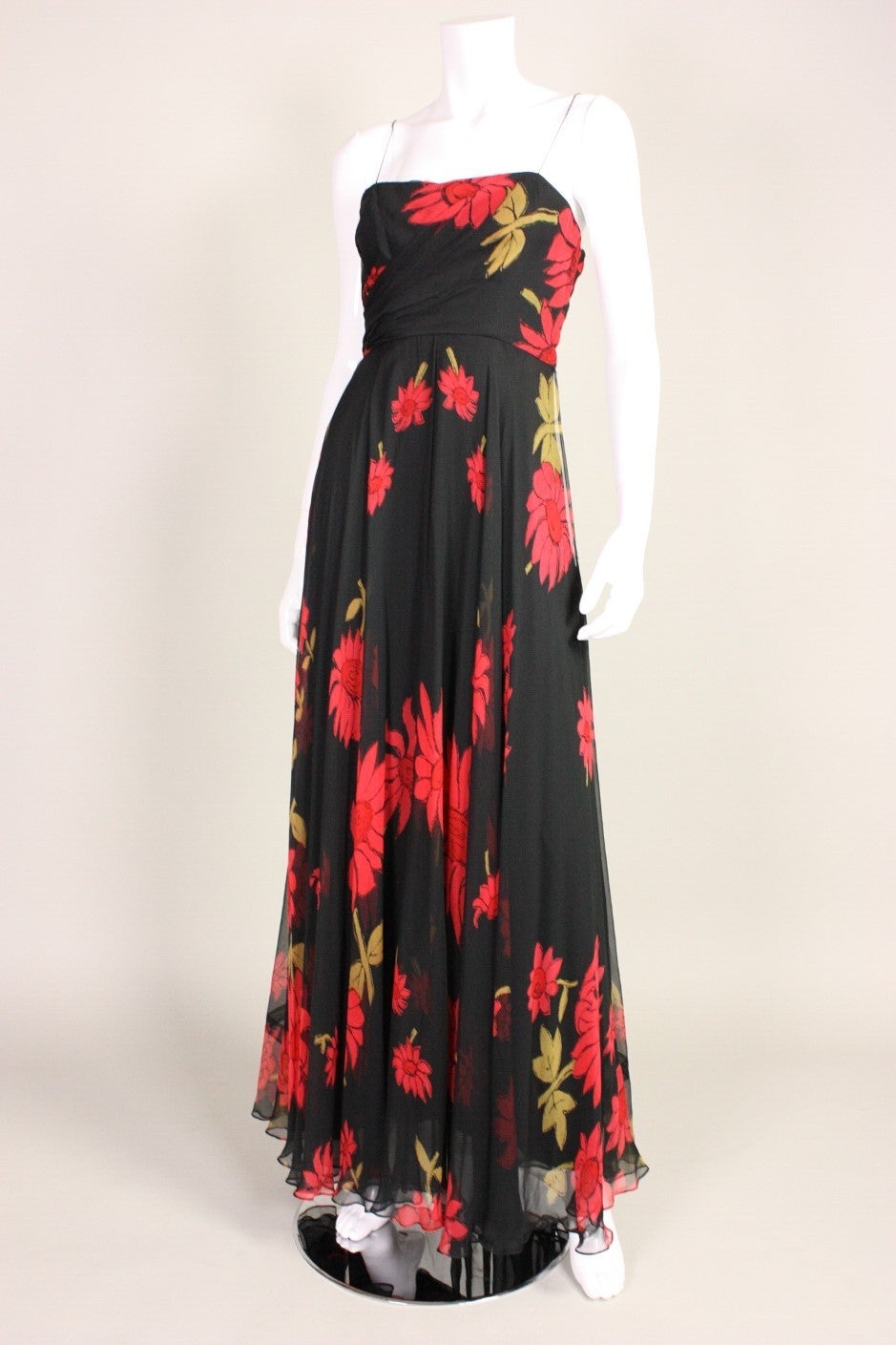 Black Strapless Silk Chiffon Gown with Red Floral Print, 1950s  In Excellent Condition For Sale In Los Angeles, CA