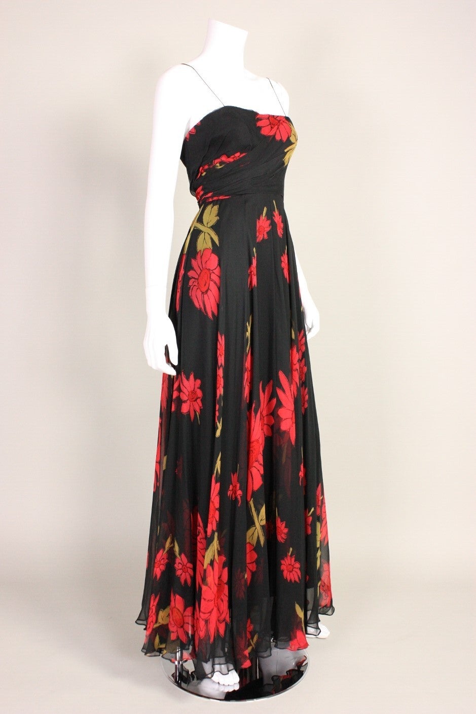 Women's Black Strapless Silk Chiffon Gown with Red Floral Print, 1950s  For Sale