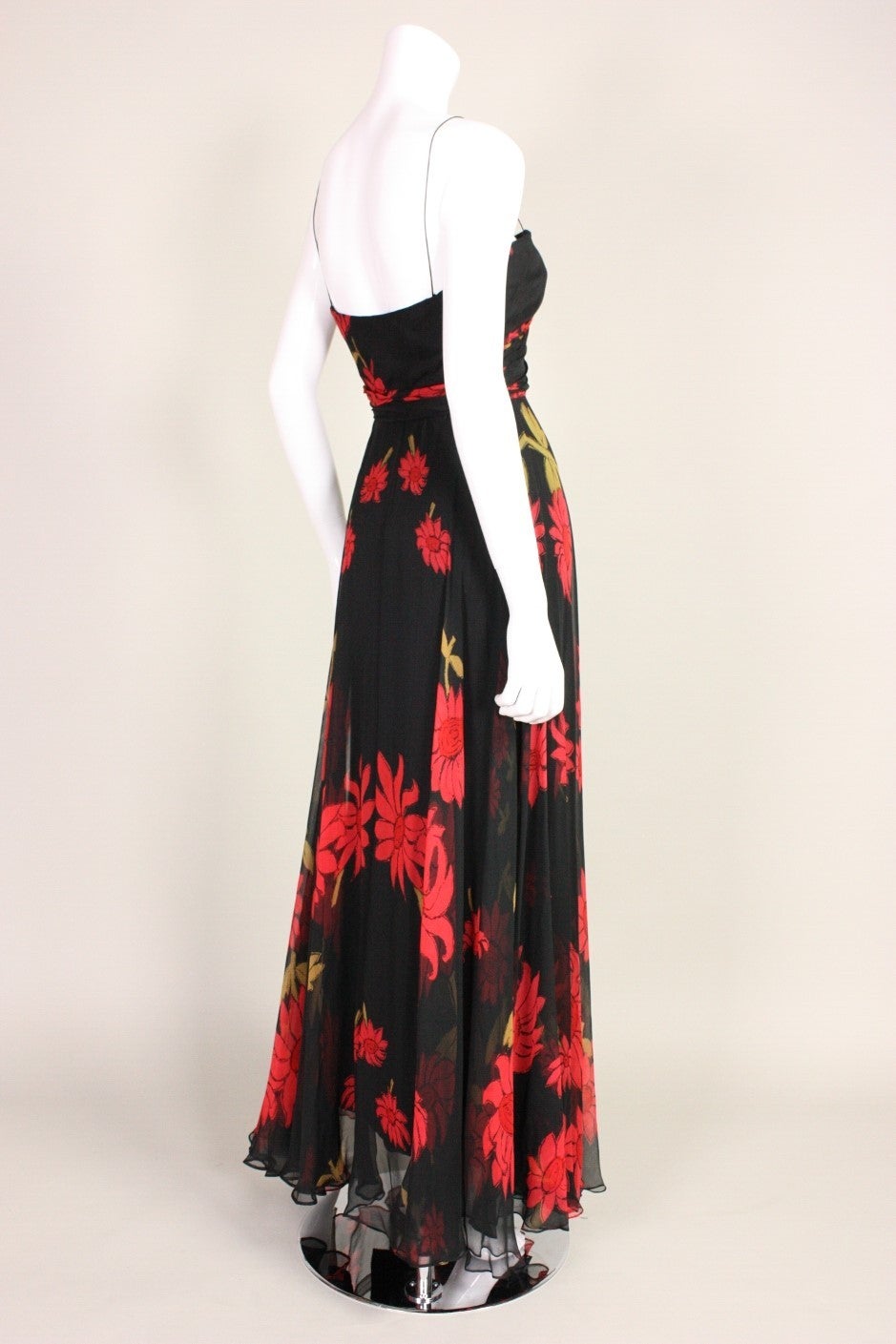Black Strapless Silk Chiffon Gown with Red Floral Print, 1950s  For Sale 1