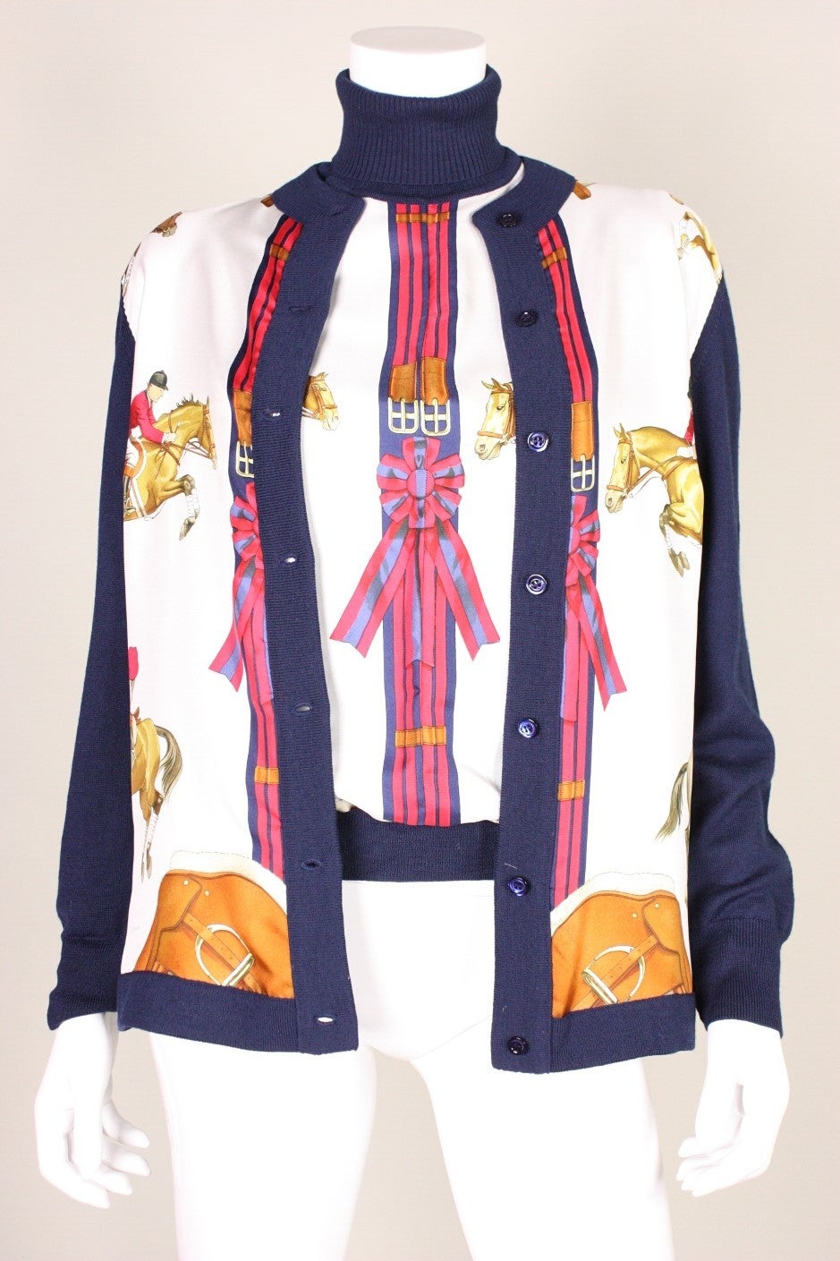Women's Hermes Silk and Wool Twinset with an Equestrian Print