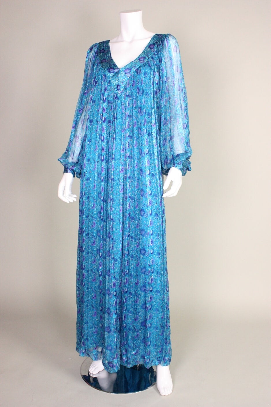 1970's Raksha Silk Chiffon Maxi Dress 1