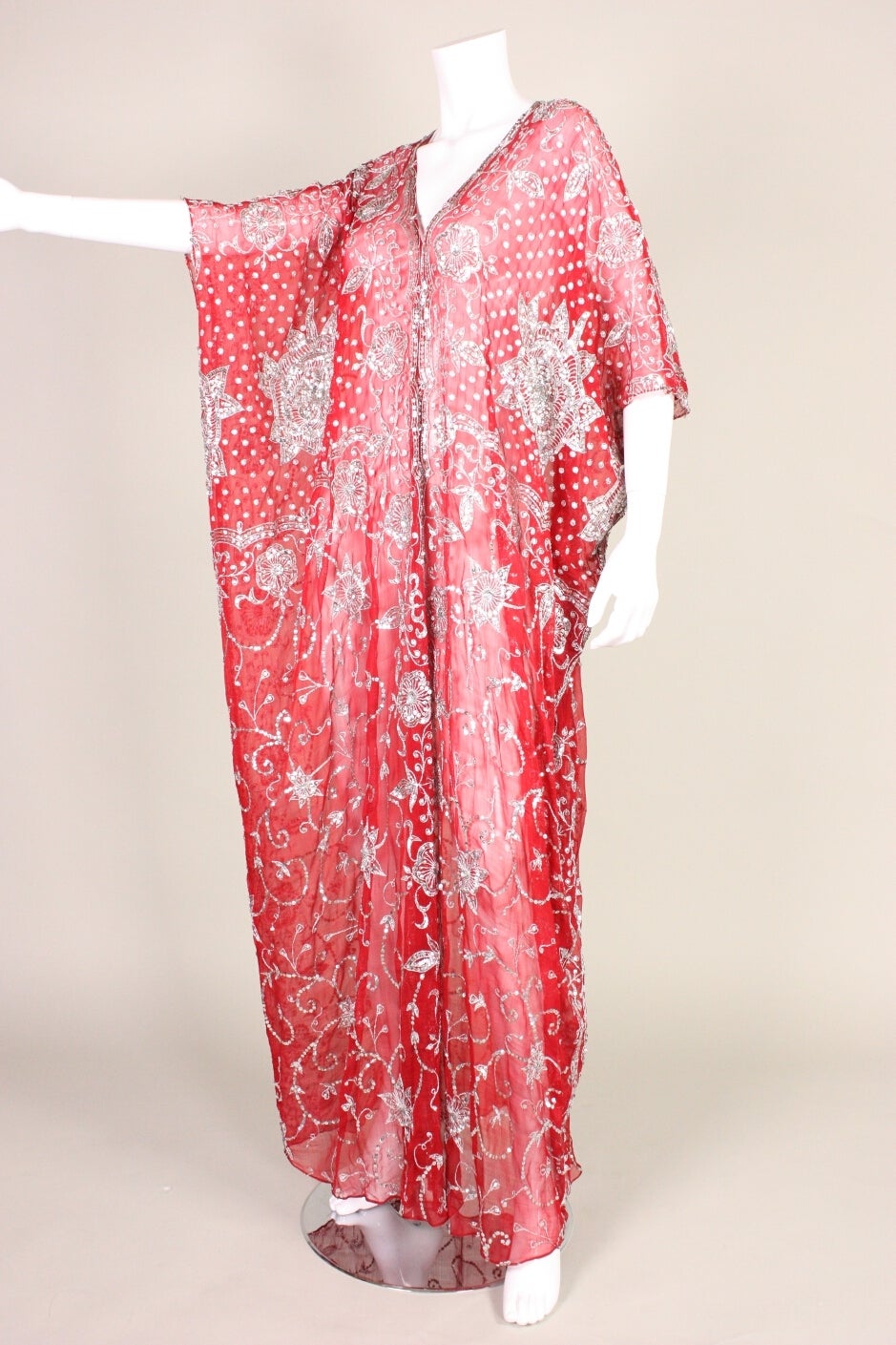 1970's Red Silk Chiffon Sequined Caftan 2