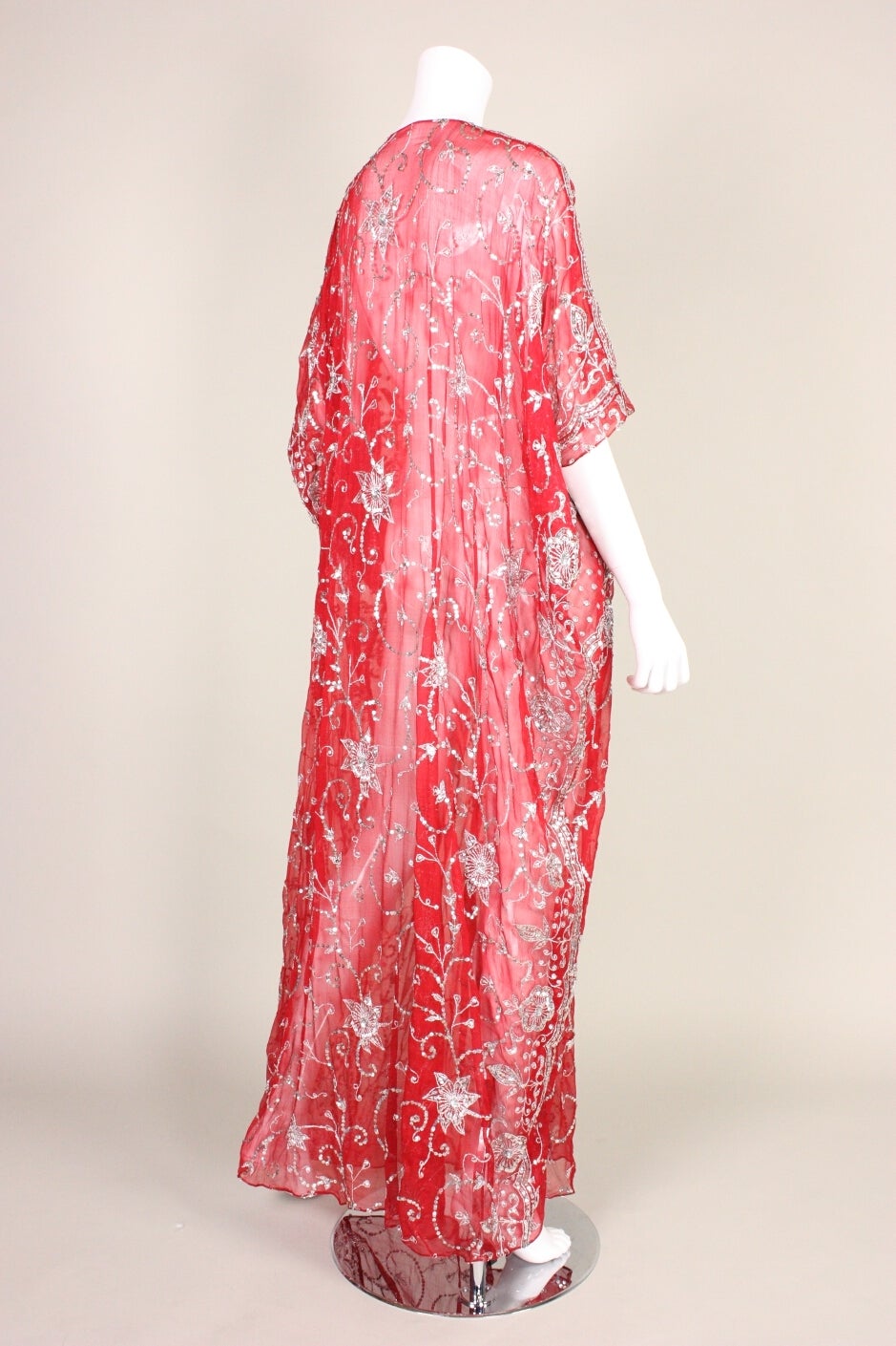 Women's 1970's Red Silk Chiffon Sequined Caftan