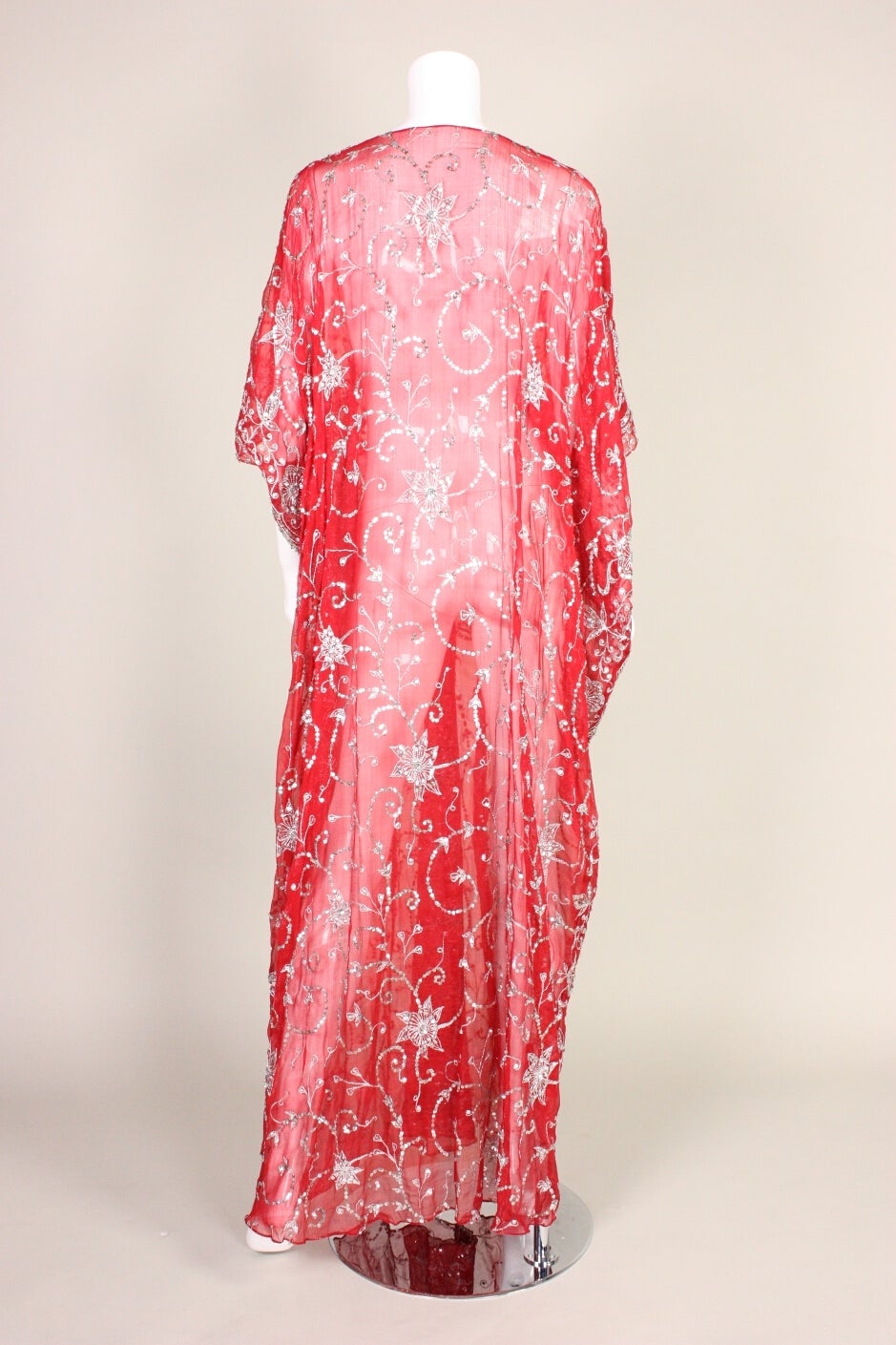 1970's Red Silk Chiffon Sequined Caftan 1
