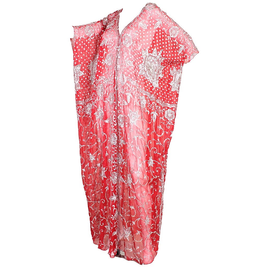 1970's Red Silk Chiffon Sequined Caftan