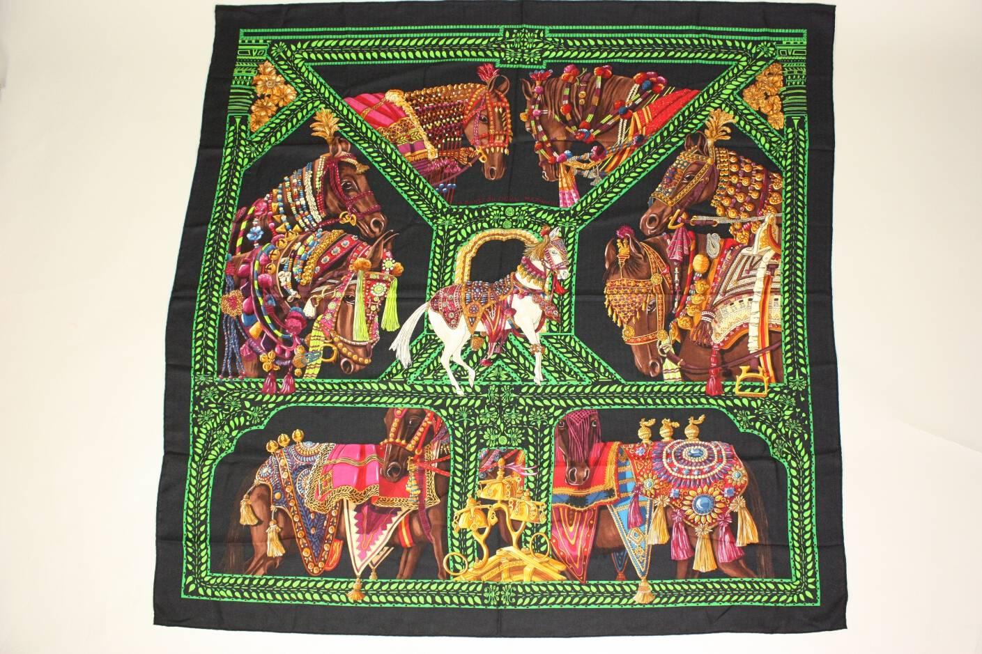 Hermes Silk & Cashmere Shawl with Equestrian Motif In Excellent Condition In Los Angeles, CA