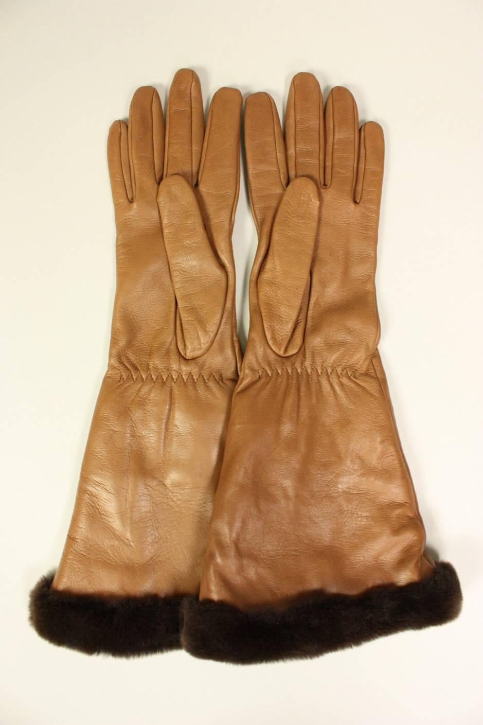 Brown Hermes Lambskin Gauntlet Gloves with Fur Trim