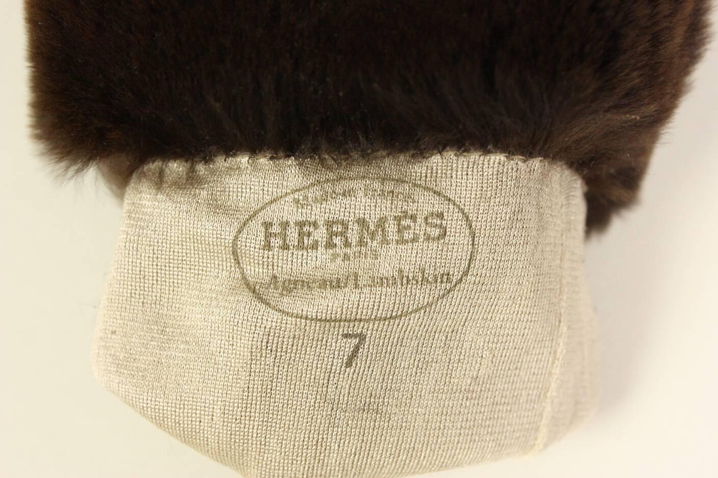 Women's Hermes Lambskin Gauntlet Gloves with Fur Trim
