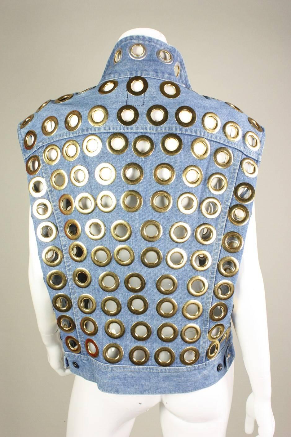 Women's or Men's 1980's Fred Hayman Denim Vest with Large Grommets