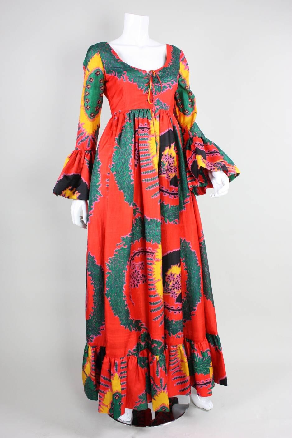 Orange 1970's Geoffrey Beene Printed Silk Gown For Sale