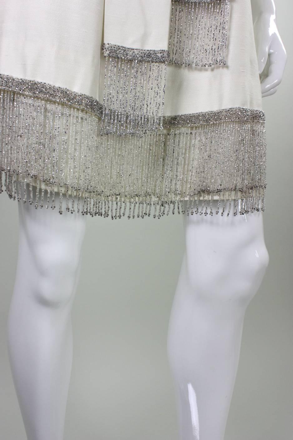 1960's Cream Cocktail Dress with Beaded Fringe For Sale 3