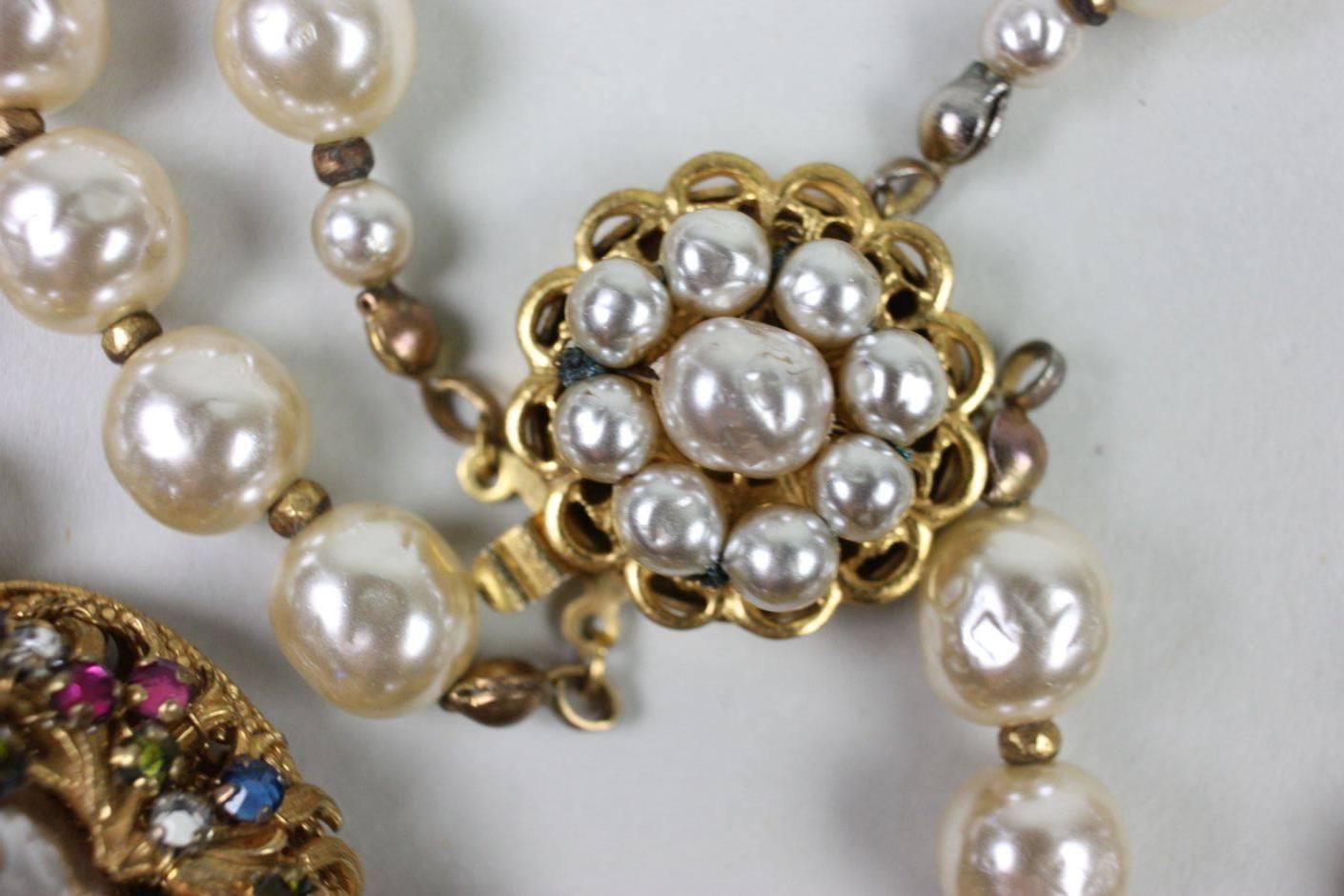 Miriam Haskell Baroque Pearl & Rhinestone Necklace For Sale 1