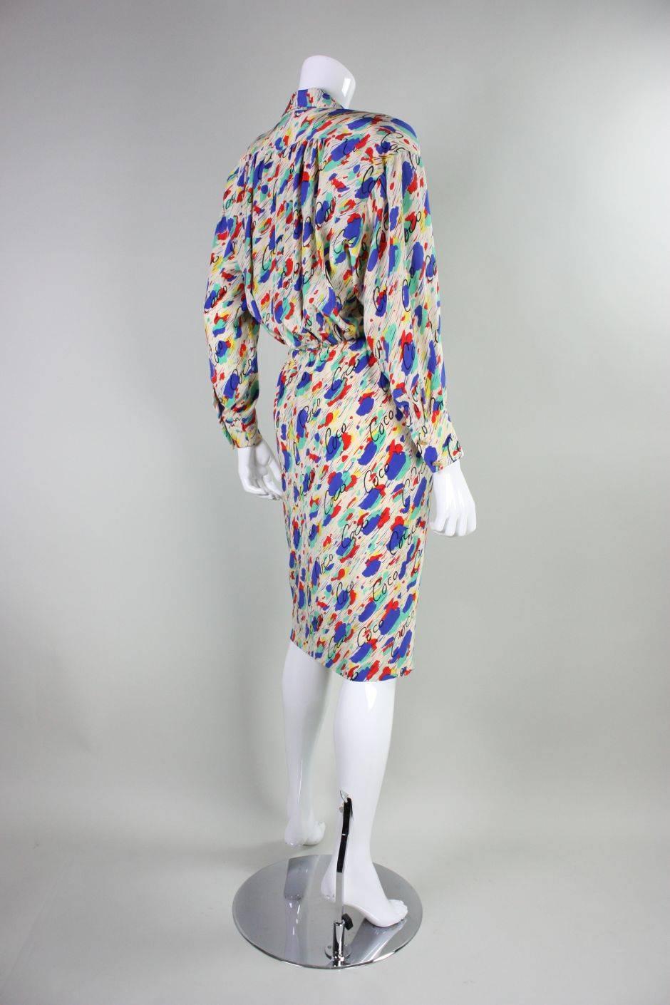 1980's Chanel Silk Dress with Painterly Coco Print In Excellent Condition For Sale In Los Angeles, CA