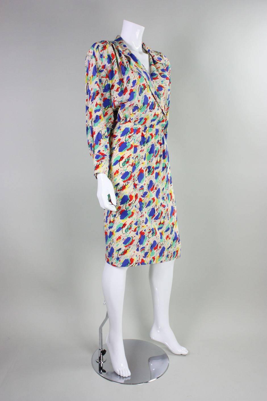 Gray 1980's Chanel Silk Dress with Painterly Coco Print For Sale