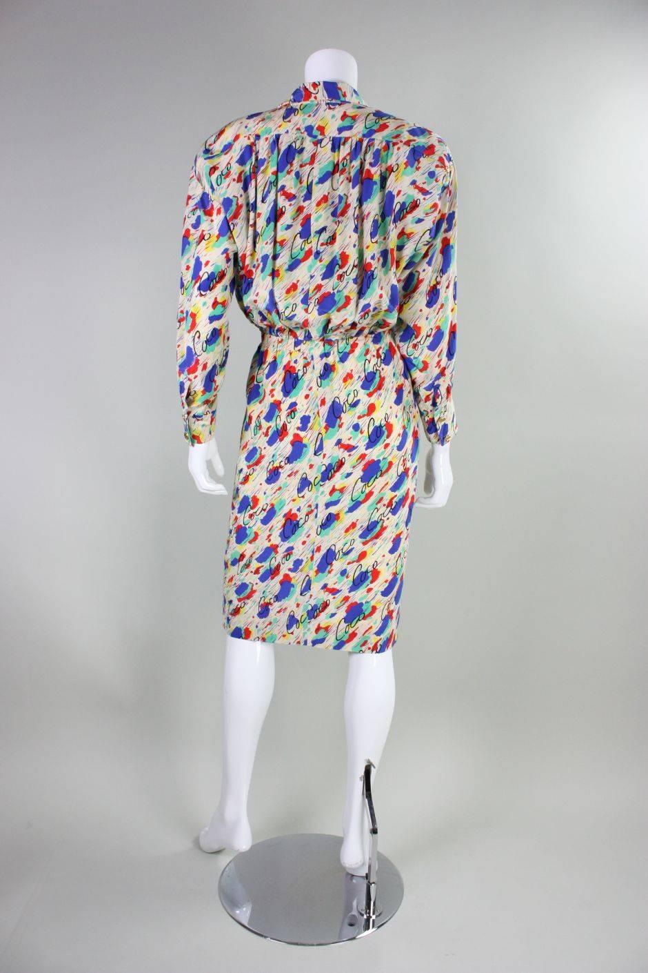 Women's 1980's Chanel Silk Dress with Painterly Coco Print For Sale