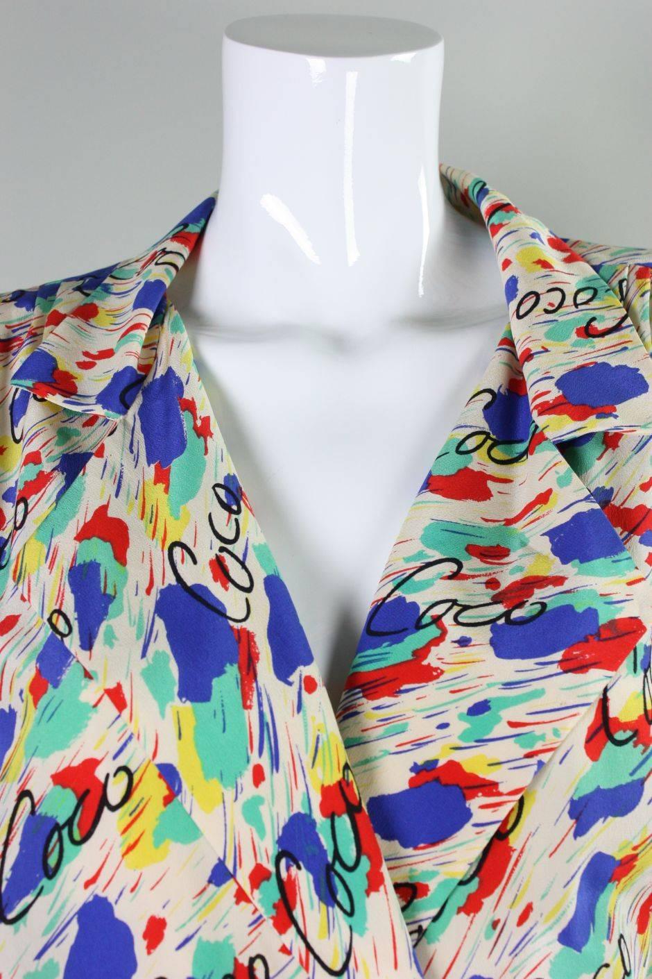 1980's Chanel Silk Dress with Painterly Coco Print For Sale 1