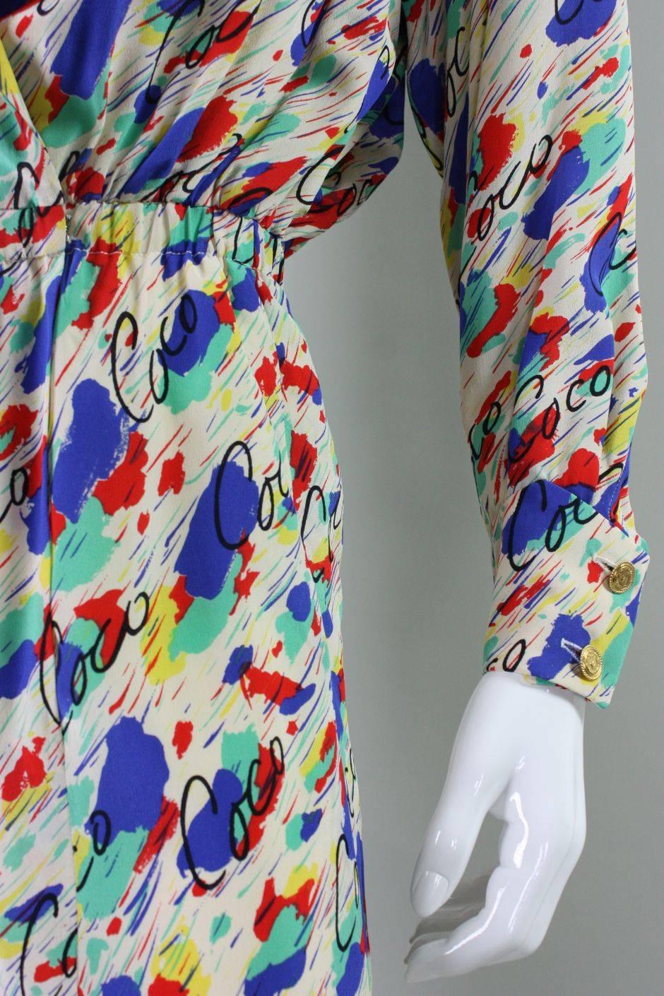 1980's Chanel Silk Dress with Painterly Coco Print For Sale 2