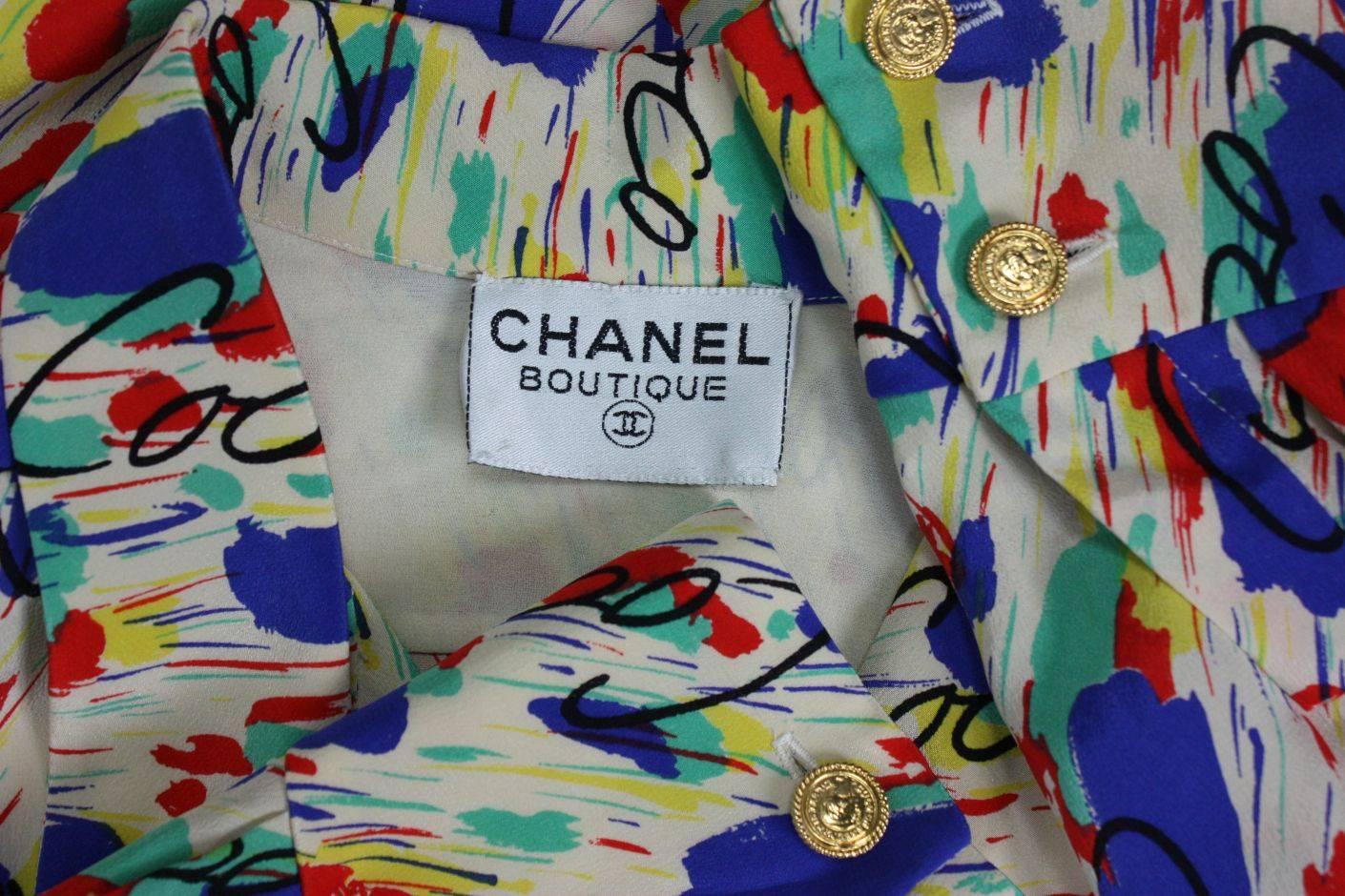 1980's Chanel Silk Dress with Painterly Coco Print For Sale 3