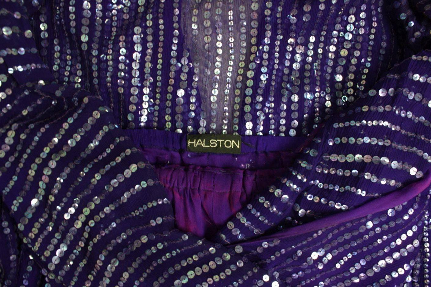 1970's Halston Sequined Purple Silk Chiffon Jumpsuit & Jacket For Sale 3
