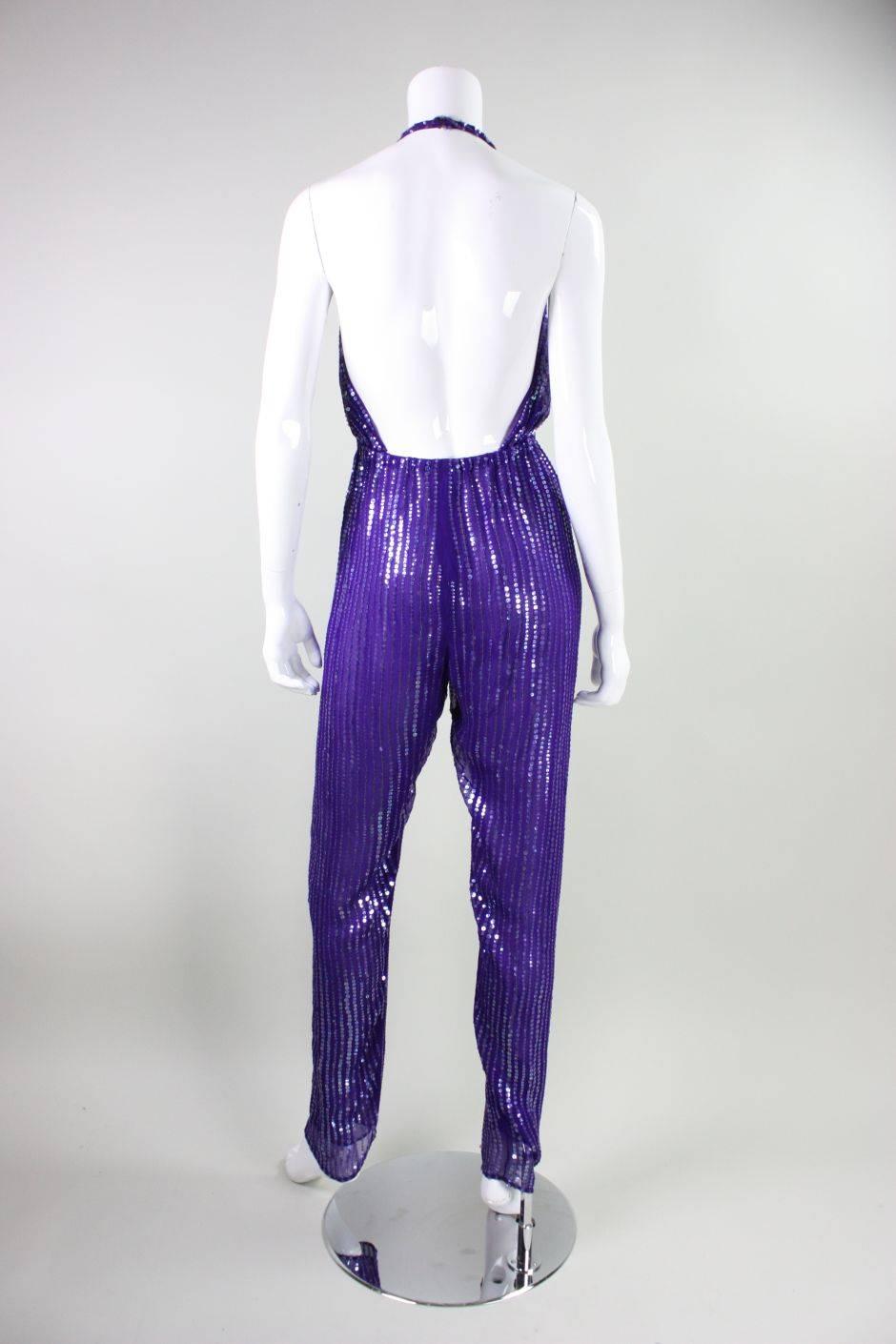 1970's Halston Sequined Purple Silk Chiffon Jumpsuit & Jacket For Sale 2