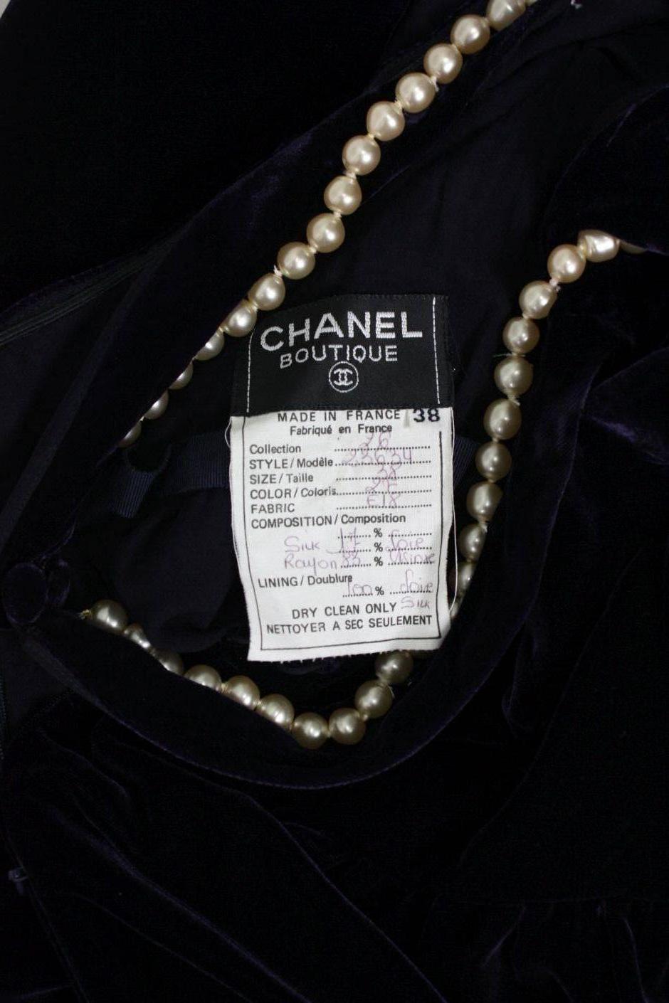 1990's Chanel Velvet Gown with Pearl Detailing For Sale 3