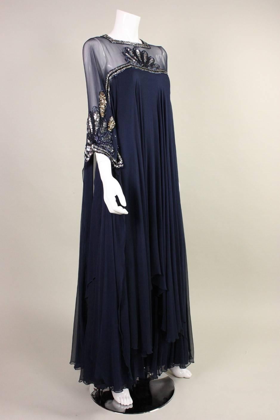 Black Lesley Sandra Sequined Silk Chiffon Gown, 1970s  For Sale