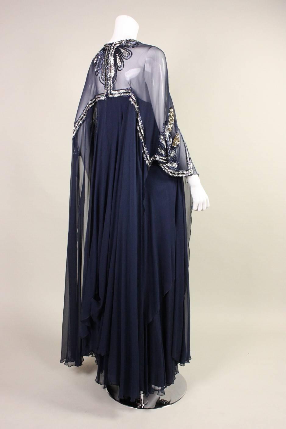 Lesley Sandra Sequined Silk Chiffon Gown, 1970s  In Excellent Condition For Sale In Los Angeles, CA