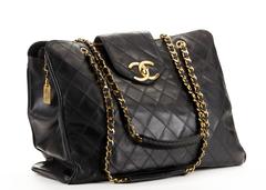 1990s Chanel Black Quilted Lambskin Vintage Jumbo Supermodel Shoulder Tote