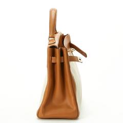 1950s Hermes Tan Leather and Canvas Vintage Kelly Retourne 32