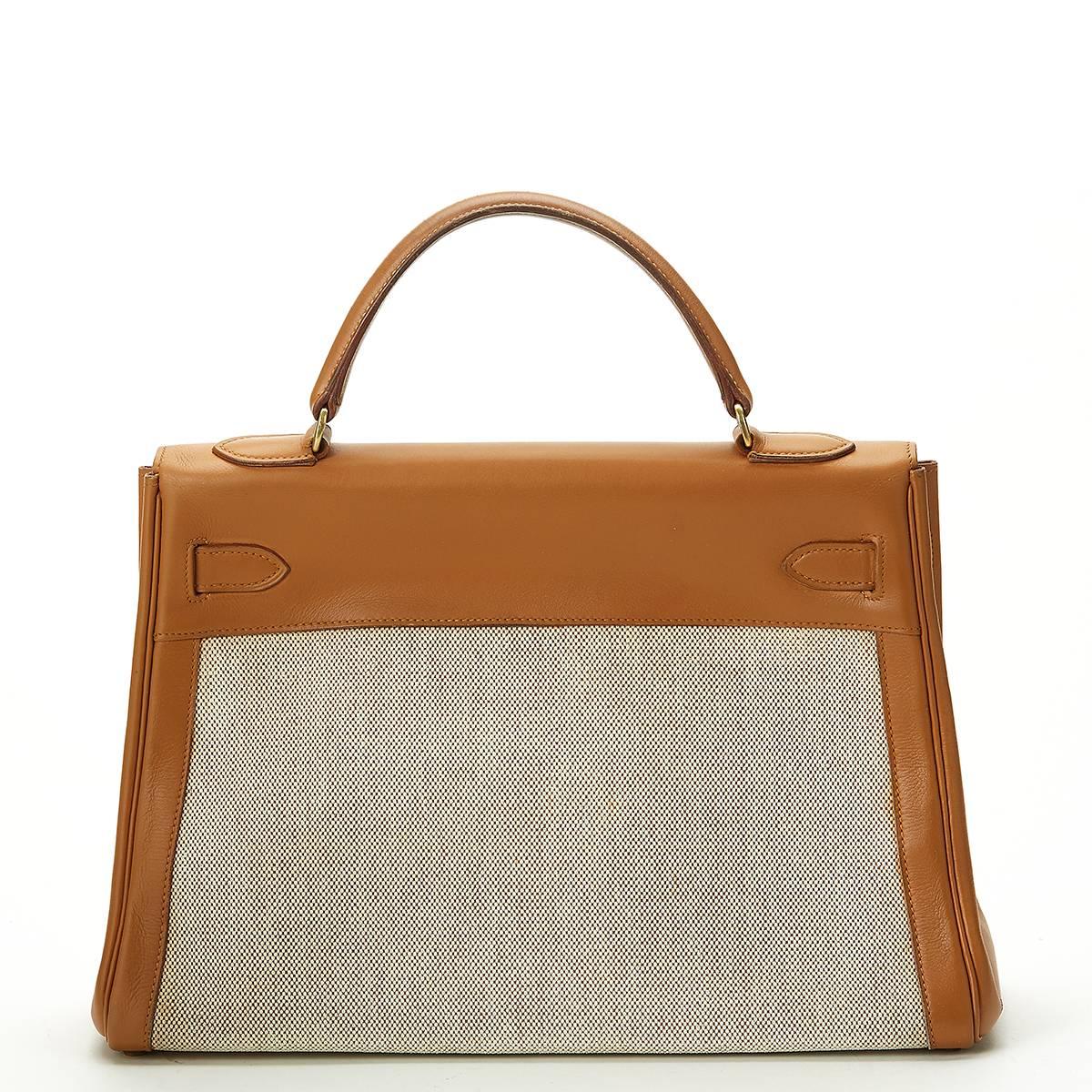 1950s Hermes Tan Leather and Canvas Vintage Kelly Retourne 32 In Good Condition In Bishop's Stortford, Hertfordshire