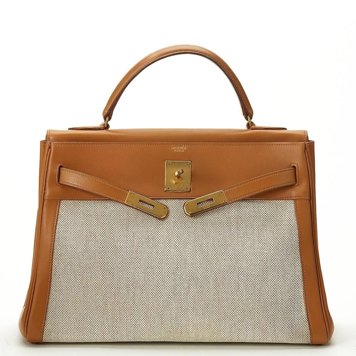 1950s Hermes Tan Leather and Canvas Vintage Kelly Retourne 32 2