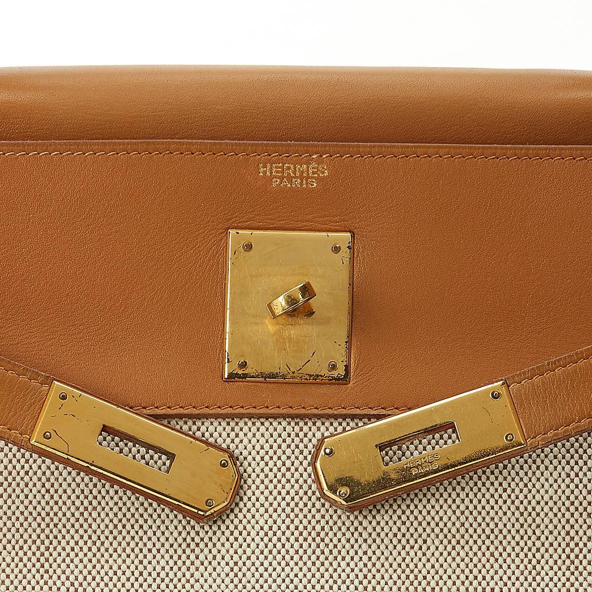 1950s Hermes Tan Leather and Canvas Vintage Kelly Retourne 32 1