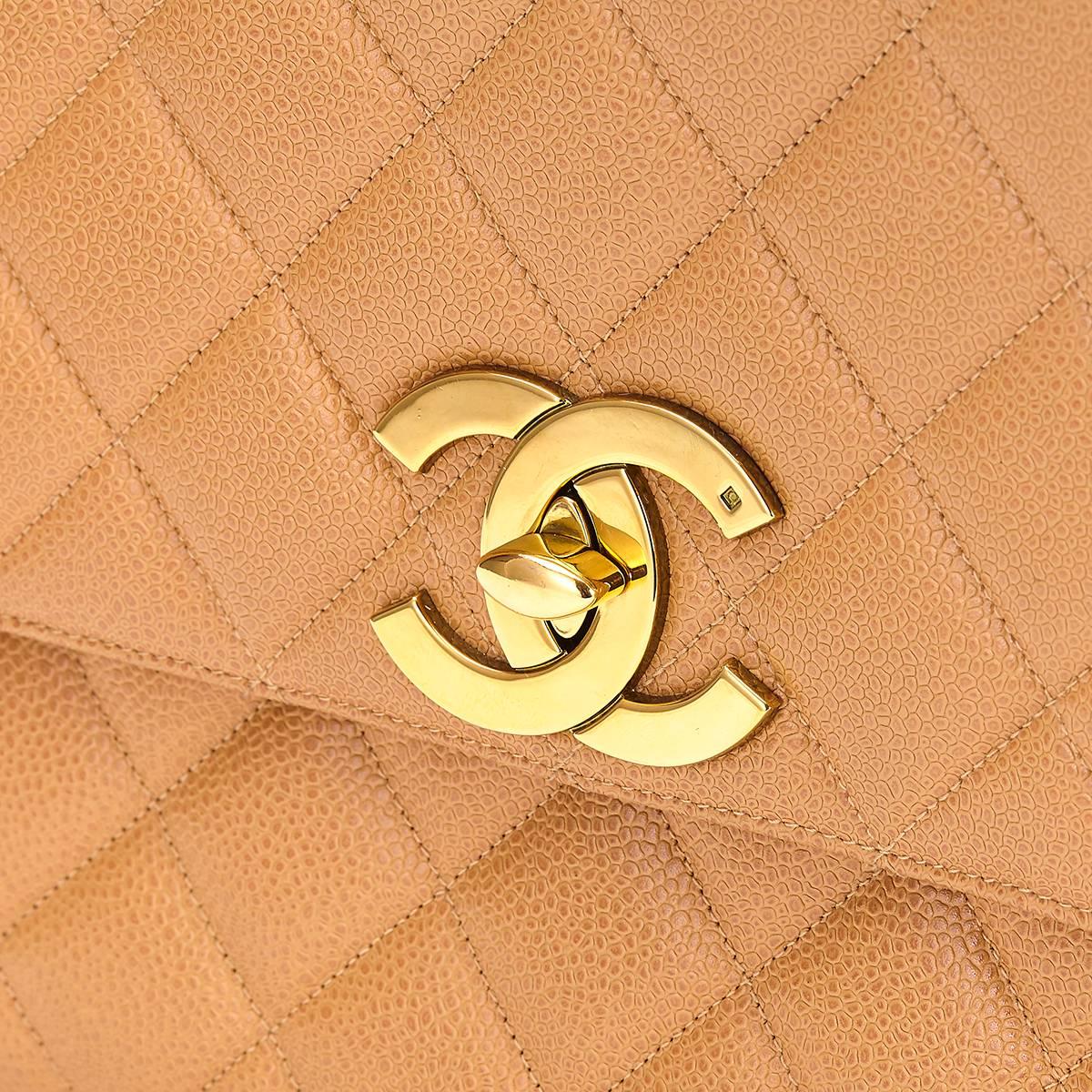 1990s Chanel Mini Tan Quilted Caviar Leather Vintage Single Flap Bag 1