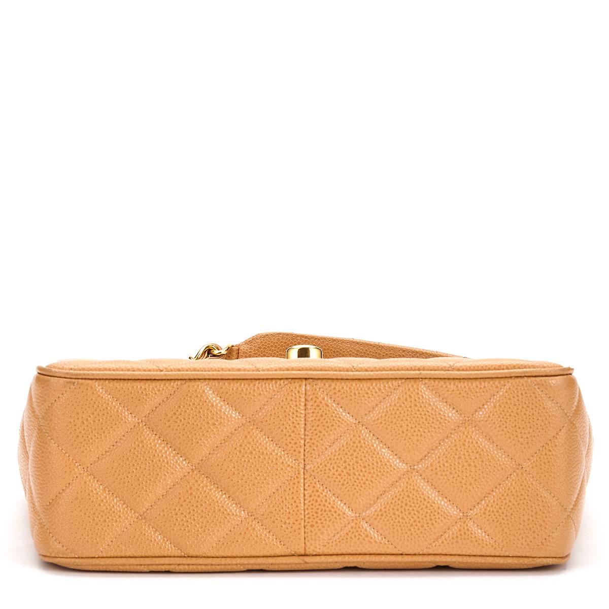 1990s Chanel Mini Tan Quilted Caviar Leather Vintage Single Flap Bag 2