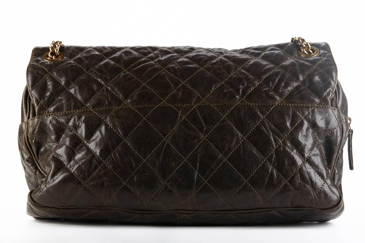 2012 Chanel Khaki Quilted Crumpled Grained Calfskin Maxi Shiva Flap Bag 1