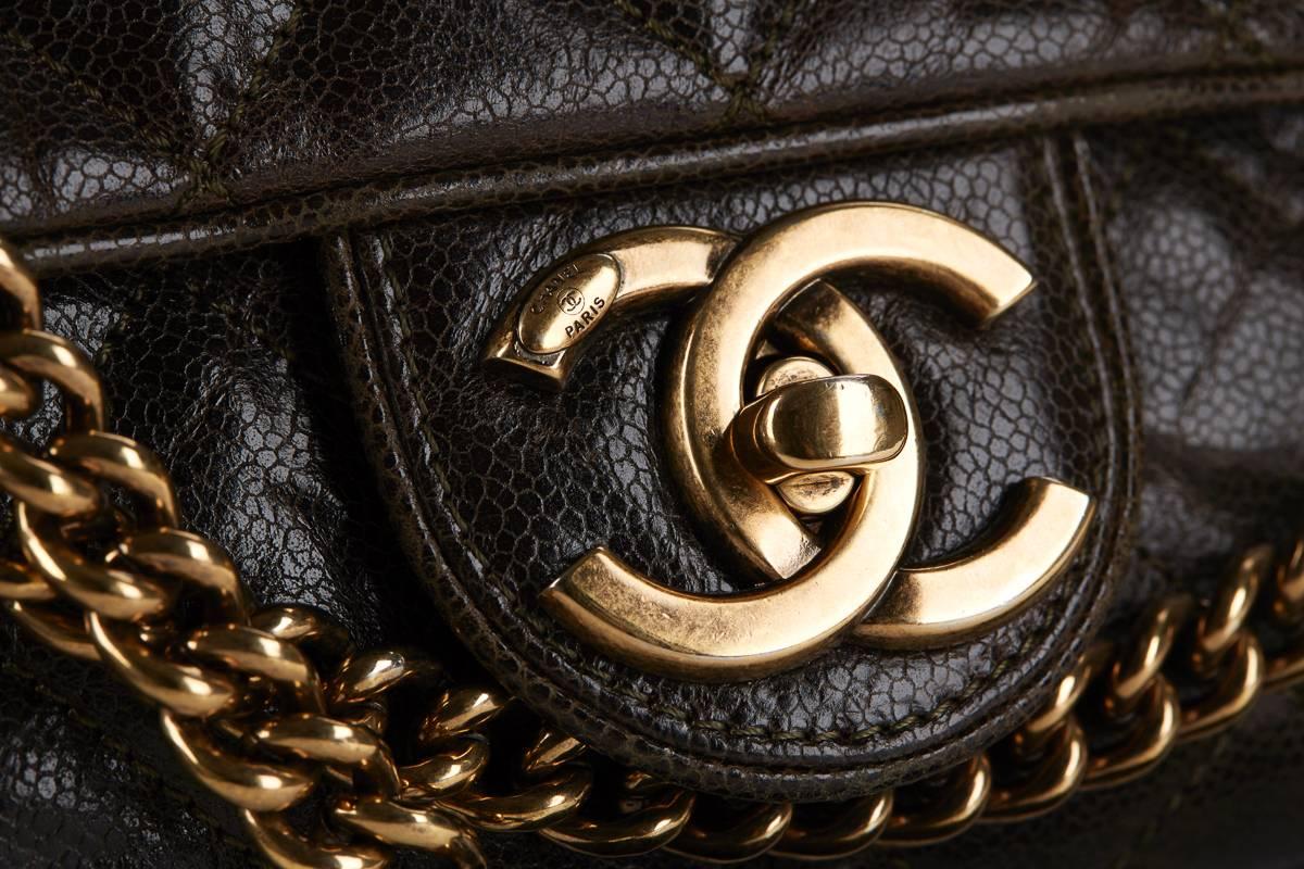 2012 Chanel Khaki Quilted Crumpled Grained Calfskin Maxi Shiva Flap Bag 3