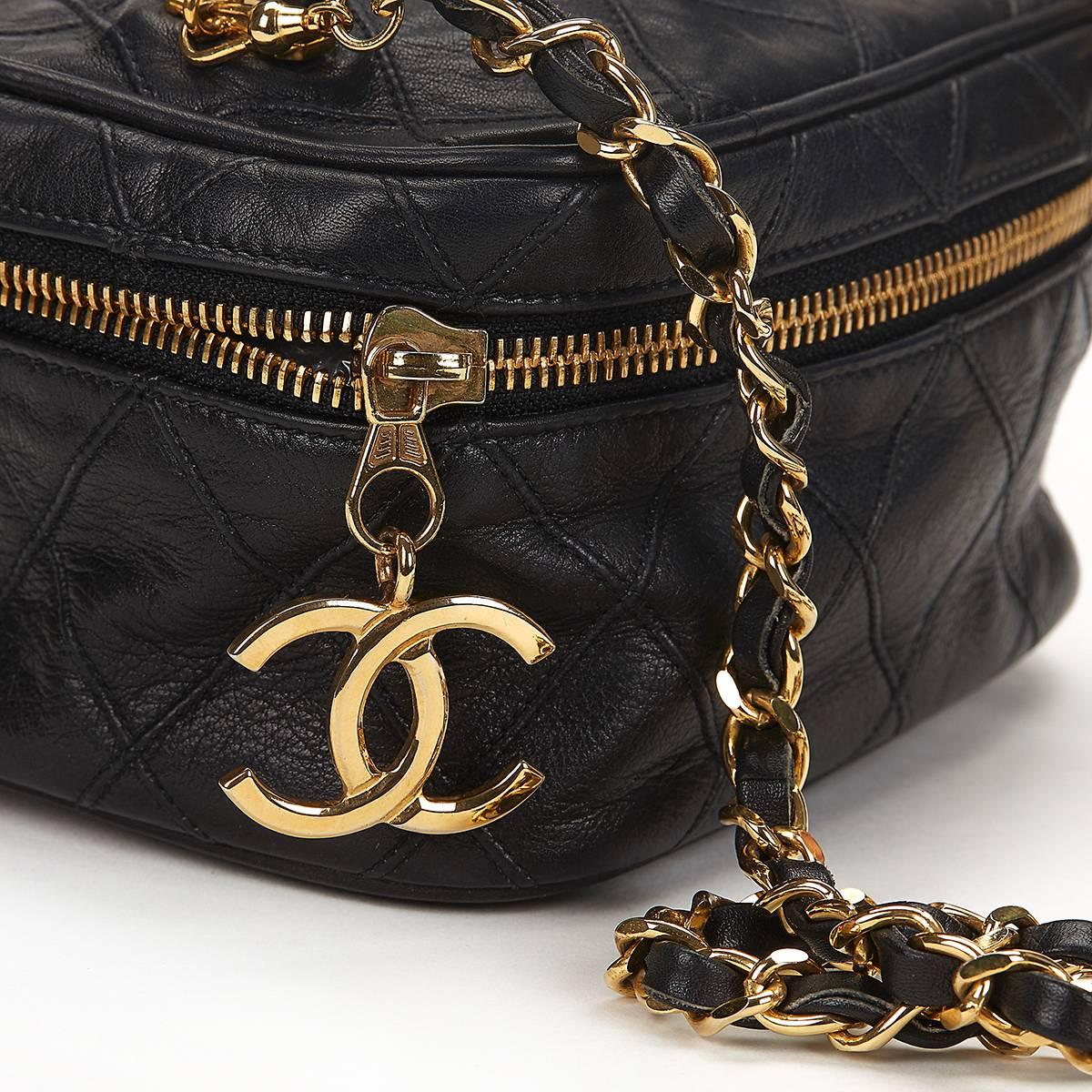 1980's Chanel Black Quilted Lambskin Vintage Mini Timeless Train Case 2