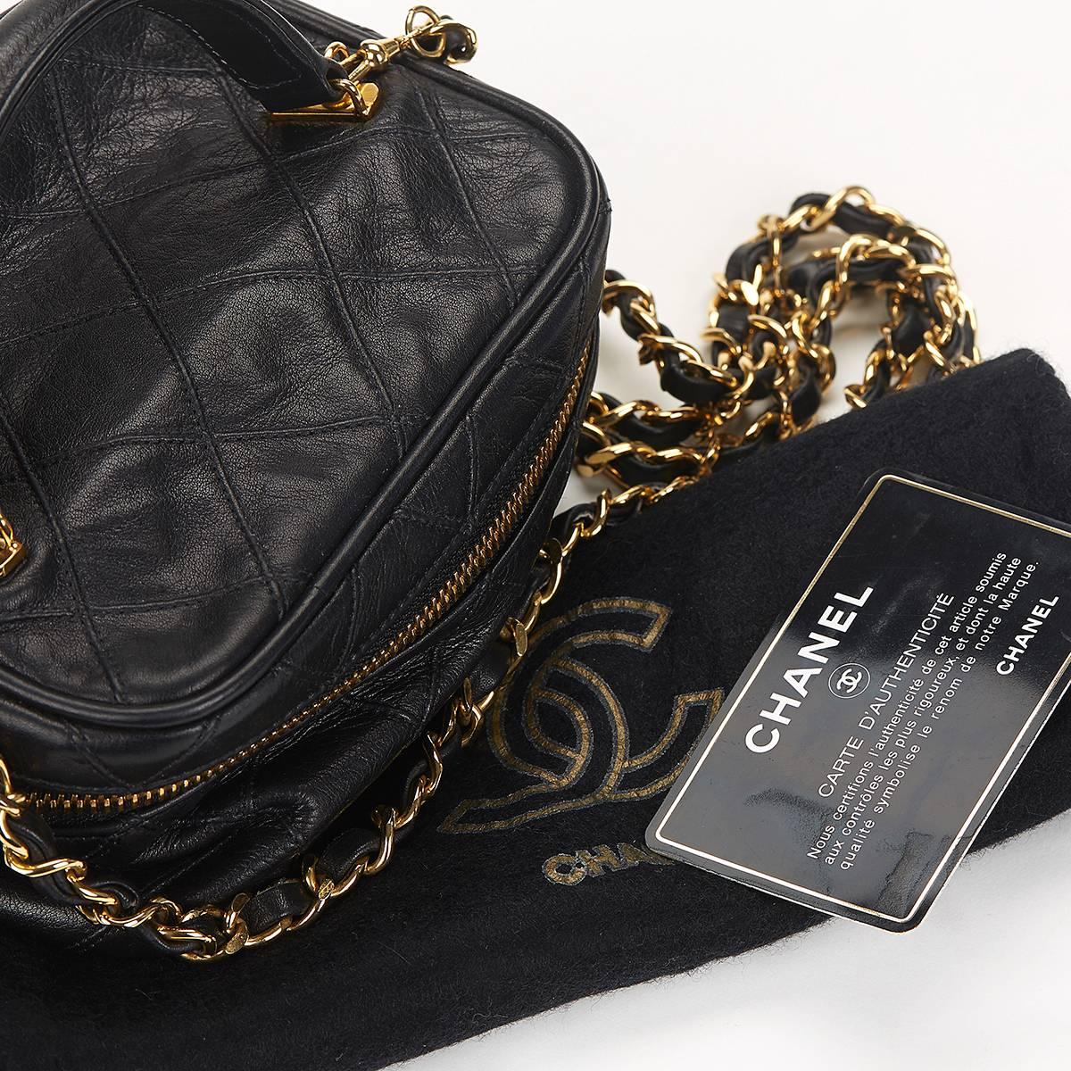 1980's Chanel Black Quilted Lambskin Vintage Mini Timeless Train Case 5